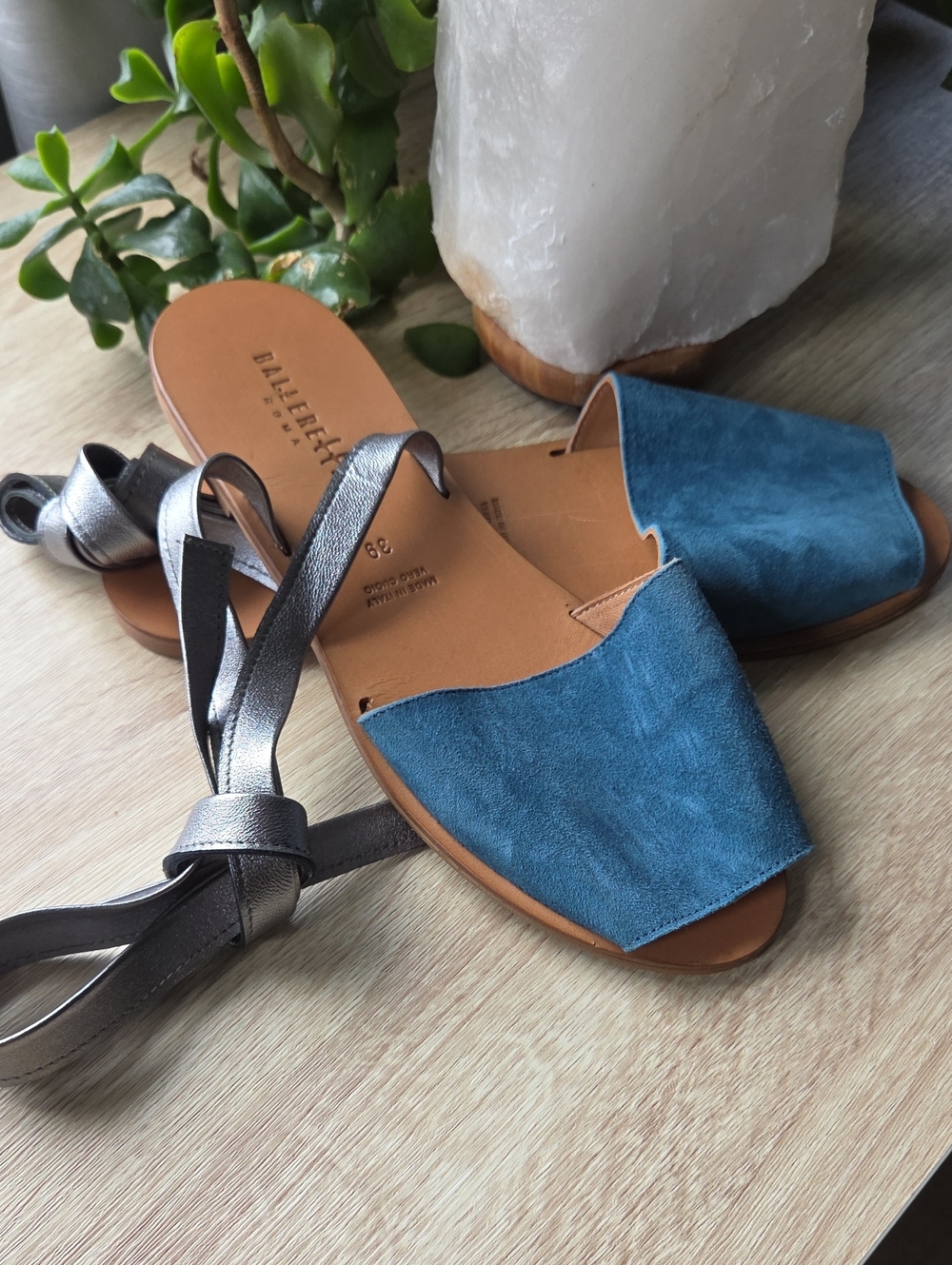 BallereTTE Teal Suede Slide Sandals with Metallic Lace-Up Straps